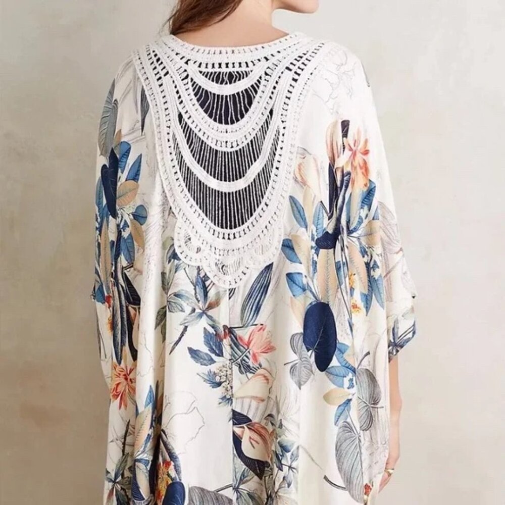 Anthropologie Roffe Bohemian Cream Floral Print & Crochet-Trim Kimono